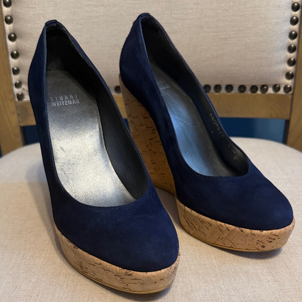 Stuart Weitzman Dark Blue Suede Cork Wedges, Size 8.5